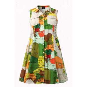 XPluswear Map Print Dress Women XL Multicolor Sleeveless Button Front Shirt